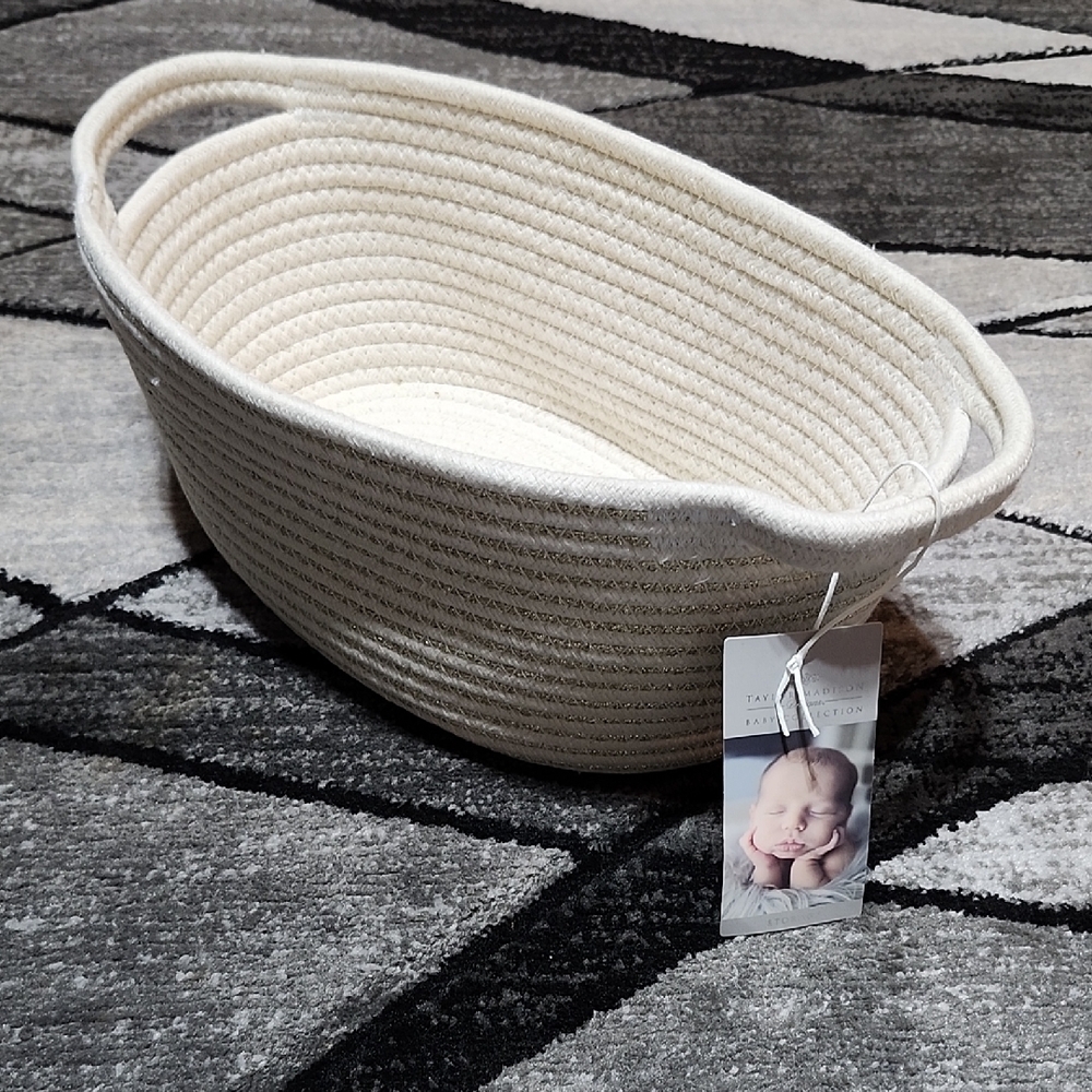 TAYLOR MADISON DESIGNS BABY COLLECTION OVAL WOVEN GOLD-TRIM STORAGE BASKET
